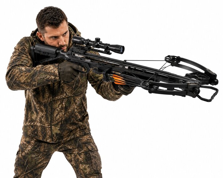 Arbalète moderne tenue par un tireur en tenue camouflage